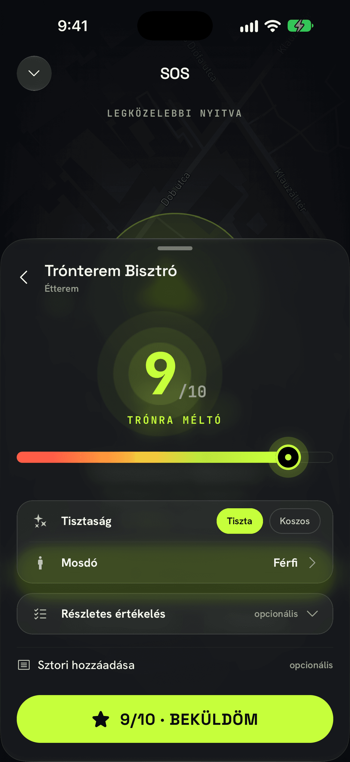 Pontozólap: Trónterem Bisztró, 9/10 TRÓNRA MÉLTÓ, Tisztaság, Mosdó: Férfi