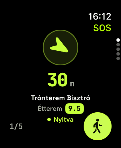 Budicheck SOS az Apple Watch-on: iránytű-nyíl, 30 m, Trónterem Bisztró, 9.5, nyitva